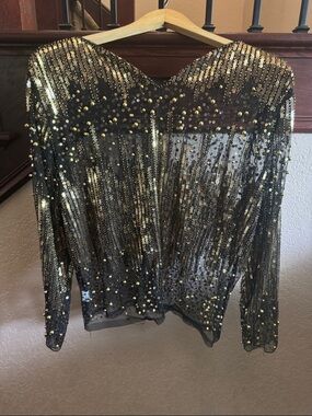 Gold Sequin Sheer Beaded & Bedazzled Evening Long Sleeve Glamorous Blouse Top